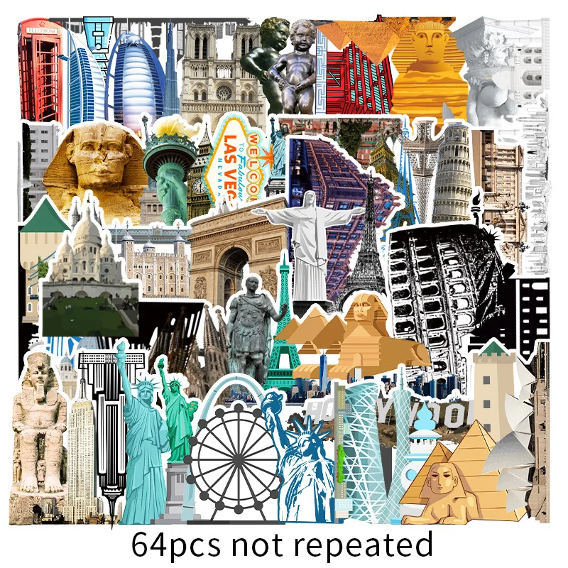 10/64PCSPcs ориентир здание штамп наклейки Переводные картинки для игрушек чемодана