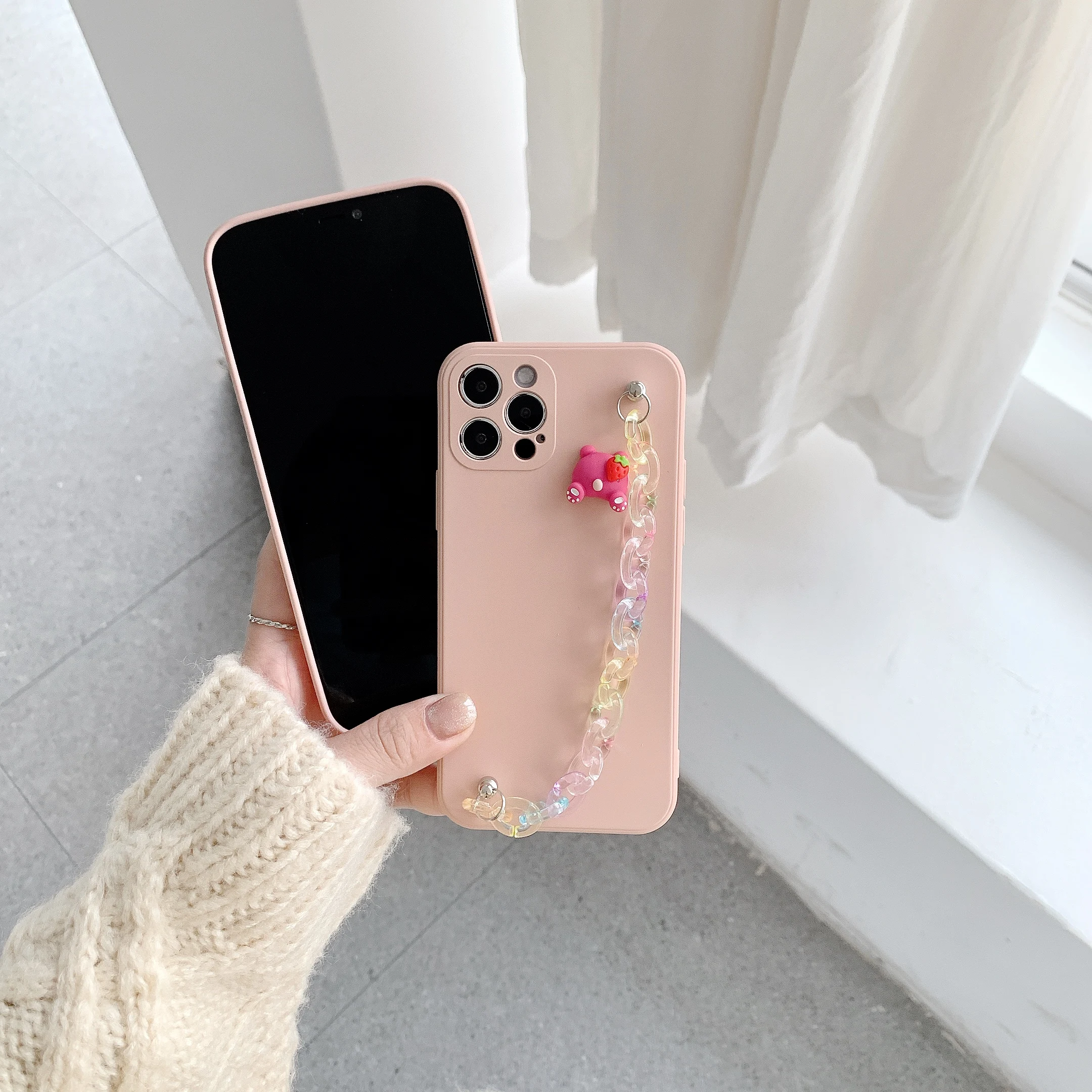 

Hand chain pink strawberry bear imitation liquid handle mobile phone shell for iPhone 11 / 11pro / 11promax / 12 / 12pro.......
