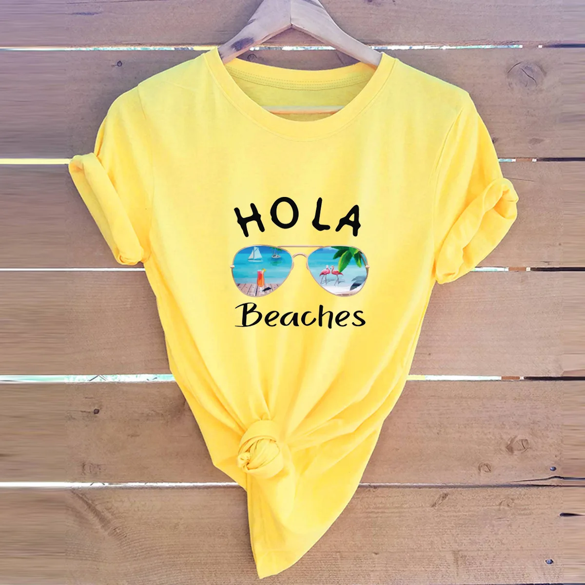 

Hot Sale Summer Cotton T Shirt HOLA BEACHES Glasses Graphic T Shirts Oversized O Necklace Tees for Summer Holiday