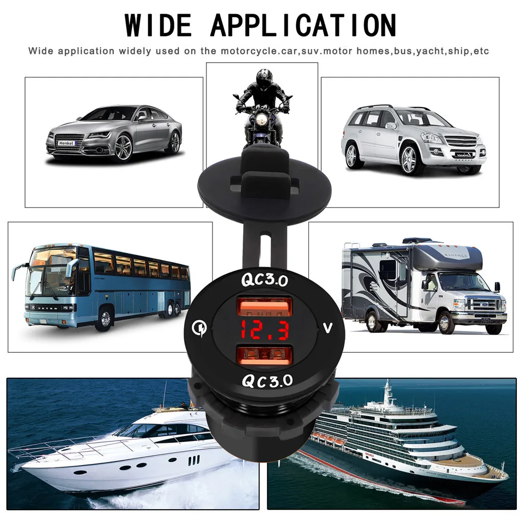 QC 3.0 30W Dual USB Car Charger Cup Charging Voltage Current Display 6-30V Phone GPS DVR Charge For motorcycles SUV boats cars |