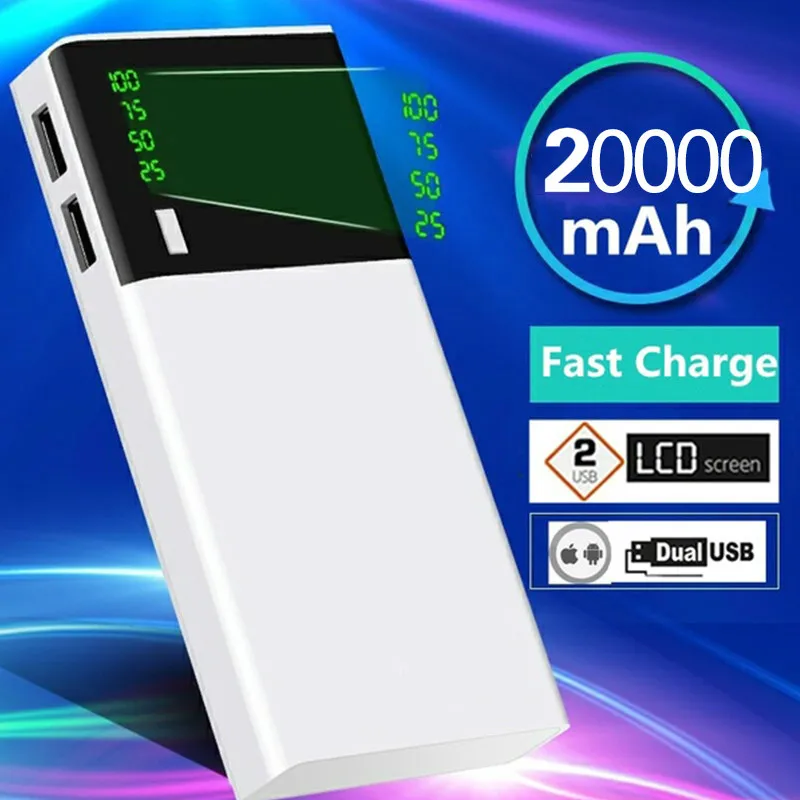 Портативное зарядное устройство 20000 мАч цифровое ультратонкое два USB-порта