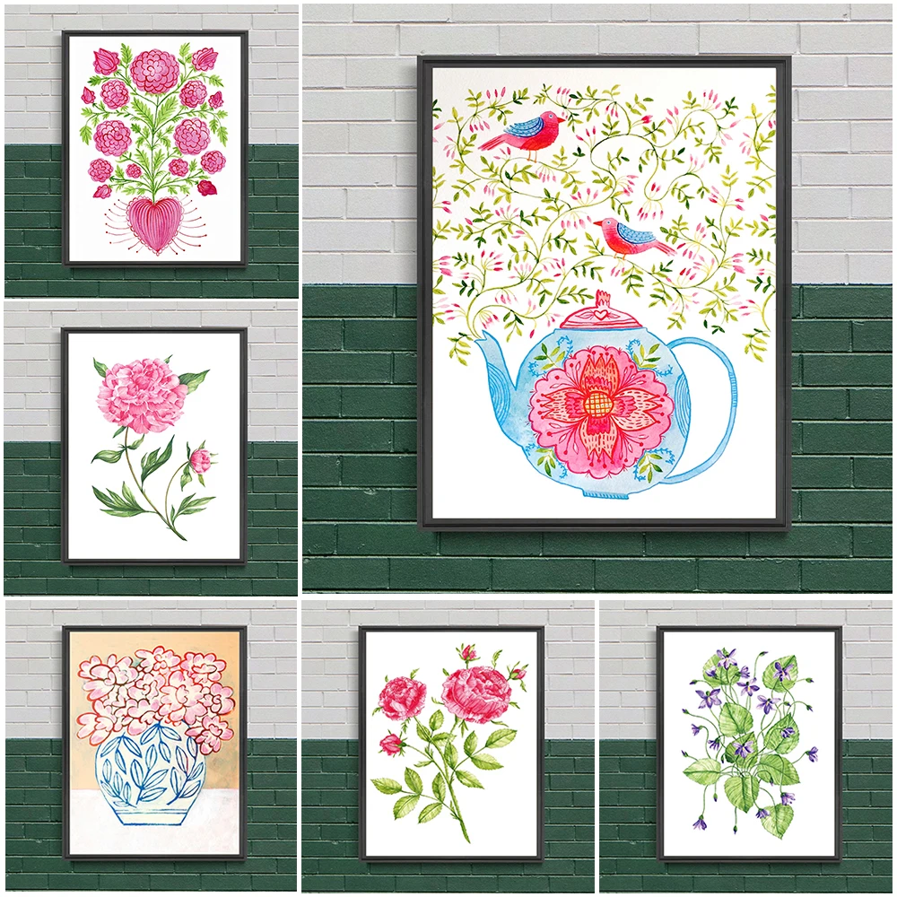 

Jasmine Flower Rose Green Plants Wall Art Floral Botanical Art Poster And Prints Pink Flower Bouquet Print For Living Room Decor