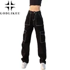 Женские джинсы с карманами GODLIKEU, свободные джинсы в стиле пэчворк, модная уличная одежда, хлопковые джинсовые брюки-карго в Корейском стиле