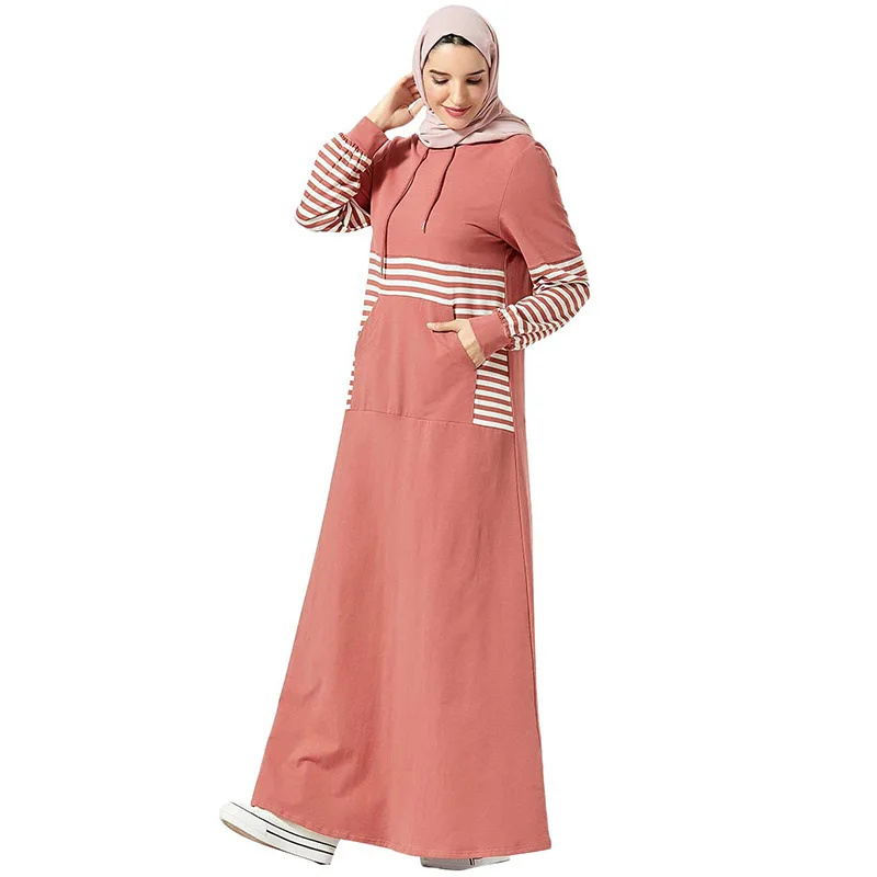 Европейская и американская мода женское платье с капюшоном с карманами в полоску с длинным рукавом Abaya мусульманское Саудовская Аравия в эт...