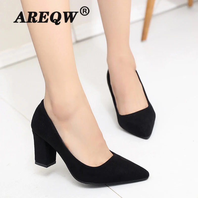 

2020 Women Pumps High Heels Square Pointed Office Career Nude Spring Autumn Ladies Shoes