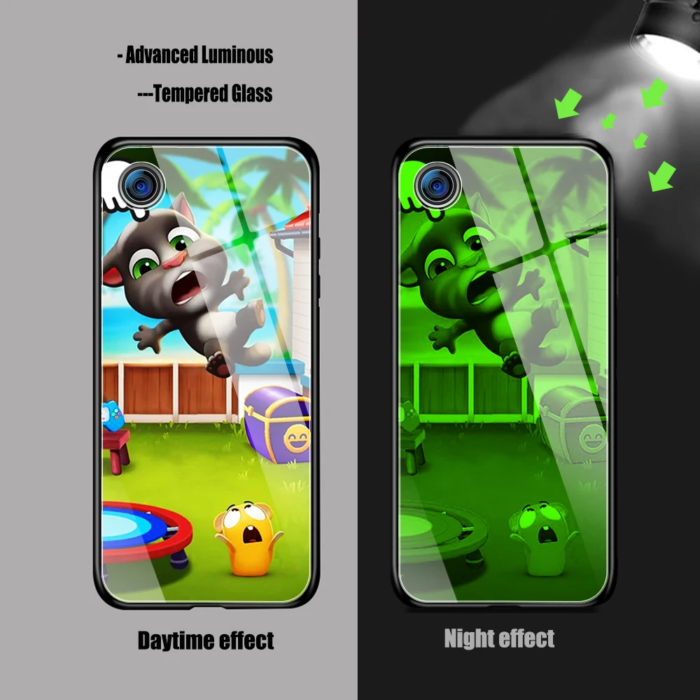 

Cartoon cute game Talking Tom Cat Phone Case Glow Luminous Tempered Glass For iPhone 11 12 Pro XR XS MAX 8 X 7 6S Plus 12 cover