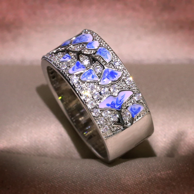 Женское серебряное кольцо с синим цветком вечерние серебра 925 пробы эмалью |