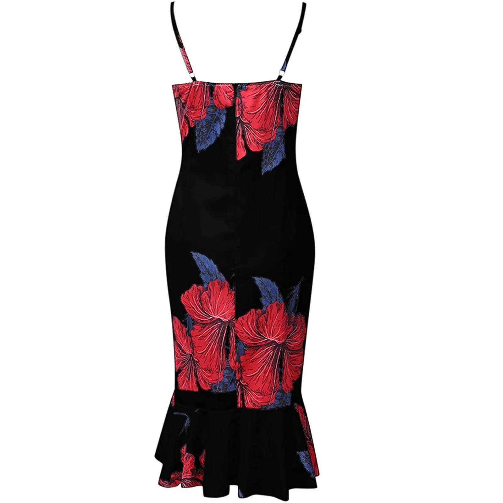 

Sexy Summer Print Strappy Sundress Women Black Dress Clubwear Summer V-Neck Sleeveless Ruffle Low-cut Splicing Sling Slit Dress