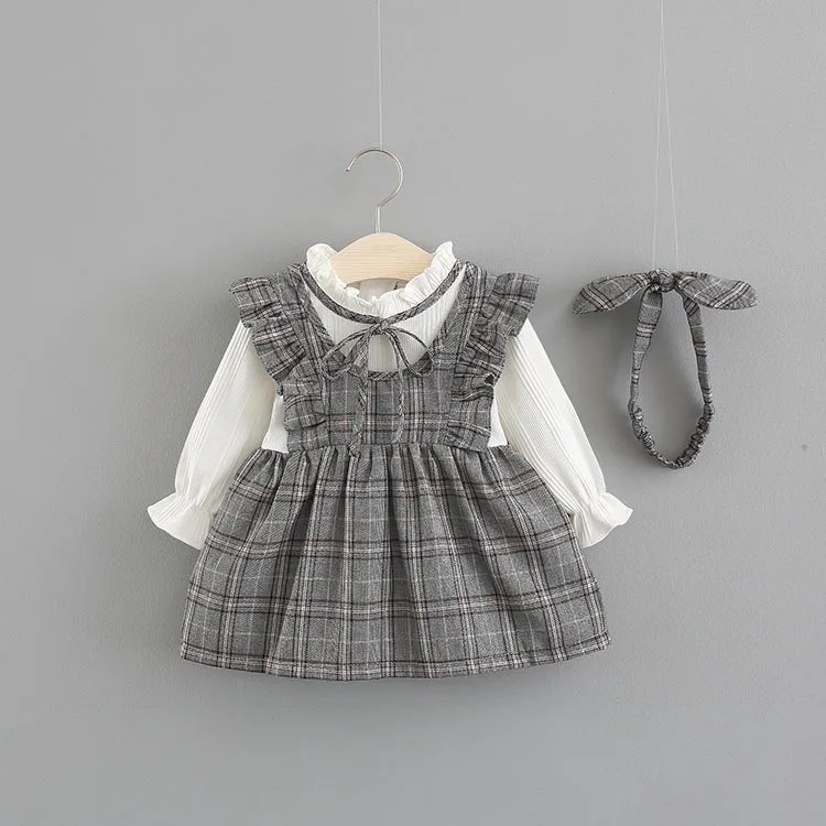 

Autumn New Baby Girl's Sweet Plaid Bow Dress + Hair Band Suit Princess Dress kids baby girl cloths