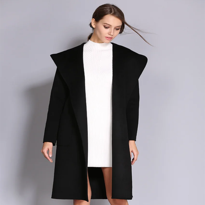 Классическое черное пальто длинное зимнее женское Шерстяное Пальто и куртки с