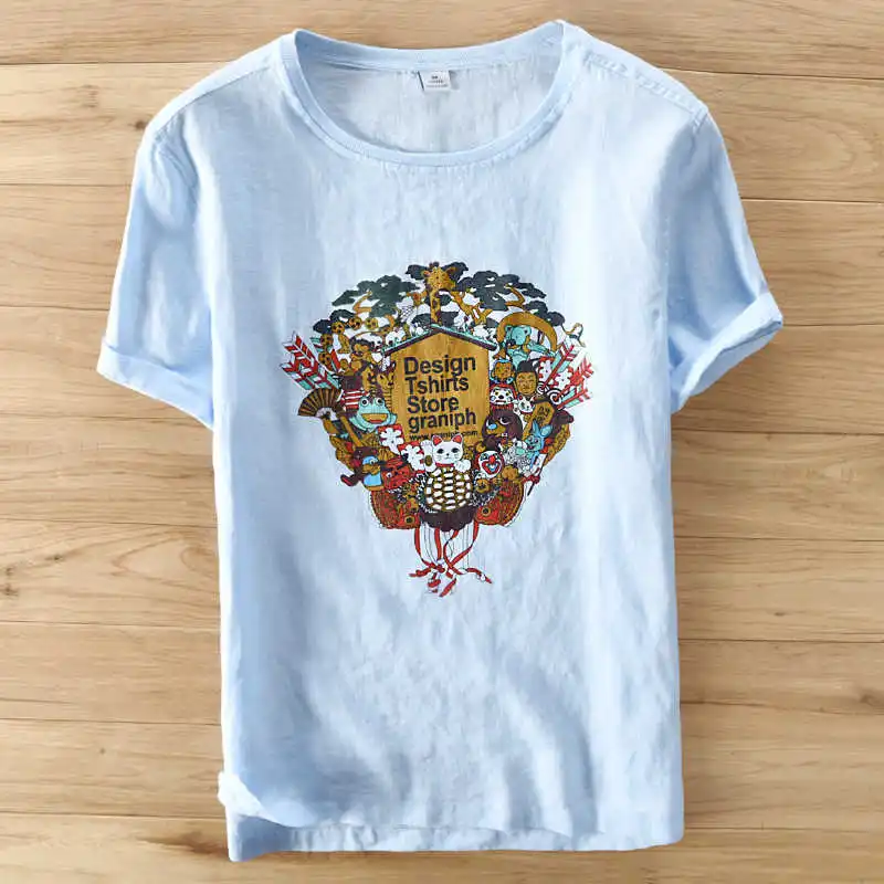 

Summer Fashion Men's linen T Shirt Casual Short Sleeve T-Shirt Mens Clothing Slim Fit Printing High Quality