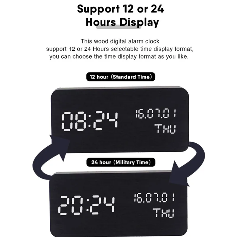 

Wooden Digital Alarm Clock Led Electronic Desktop Table Digital Clock Display Temerature Week Date Calendar Despertador
