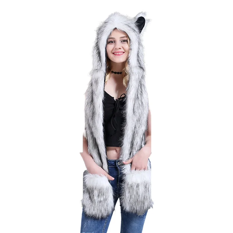 

New European and American imitation fur hat animal hat scarf gloves all-in-one hat cartoon winter hats for wome