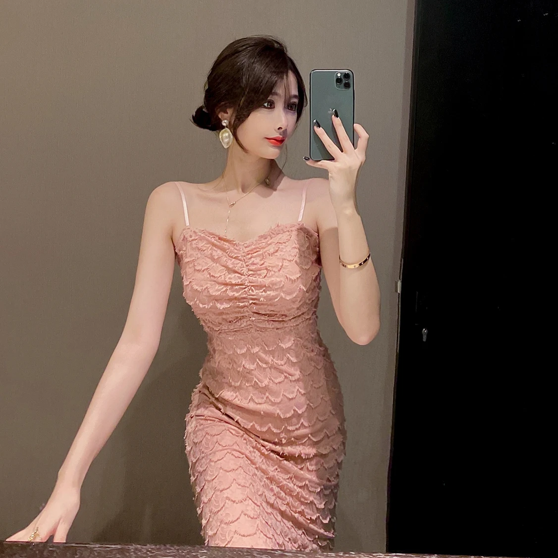 

Elegant Party Dress Summer Pink Lace Sleeveless Straps Club Dress Sexy Long Party Dress