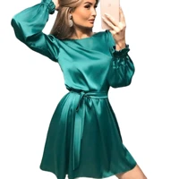 2021 spring new satin lantern sleeve dress pure one shoulder imitation silk temperament short skirt elegant female size s xxl