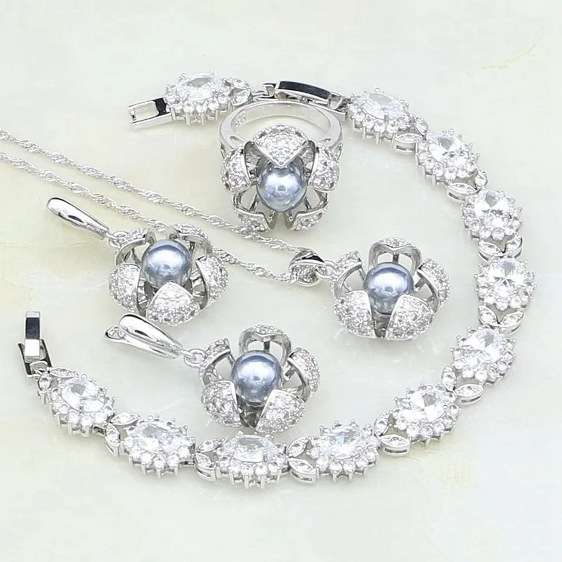 Серебряные ювелирные изделия в виде цветка 925 пробы серый жемчуг белый циркон