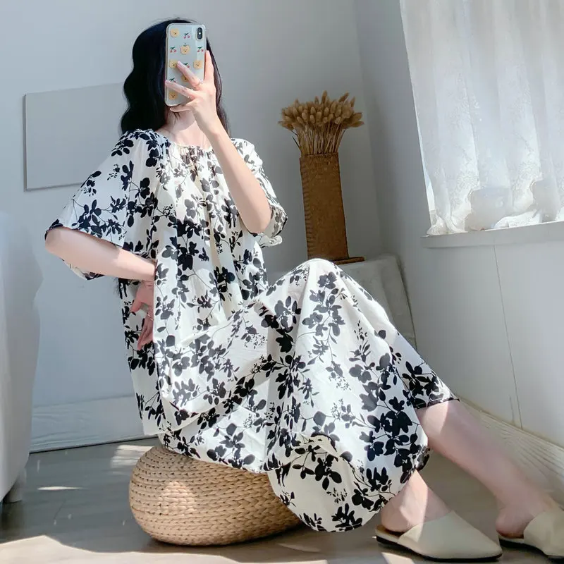 

Women Summer Loose Cozy Dresses Black White Floral Print Round Neck Short Sleeve Ankle Length Cotton Linen One Piece Maxi Robe
