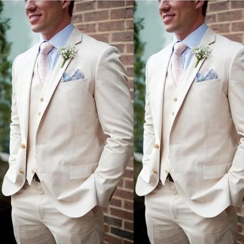 Формальные бежевые пляжные свадебные костюмы для мужчин приталенный костюм из 3