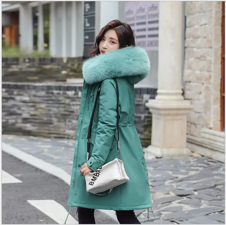 Зеленый Abrigos Mujer Invierno2019 Длинная женская парка с меховым воротником Повседневная хлопковая стеганая куртка из овечьей шерсти женская верхняя одежда, парки R258 - Цвет: Зеленый