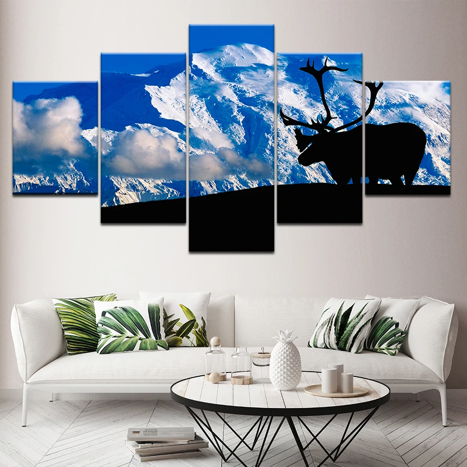 Canvas Painting The Deer and Ice Mountain 5 Pieces Wall Art Modular Wallpapers Poster Print for Living Room Home Decor | Дом и сад