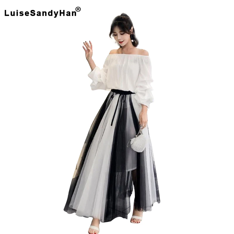 

Юбка женская весна и лето новая высокая талия сетчатая юбка черно-белый цвет Женская Студенческая длинная юбка Феи вуаль