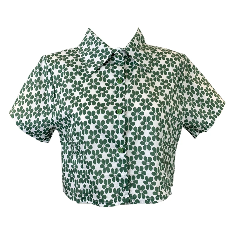 

Women Fashion Outdoor Casual Flowers Button Short Sleeves Blouse Ladies OL Sweet Top Girls Student Elegant Daily Basic Shirts