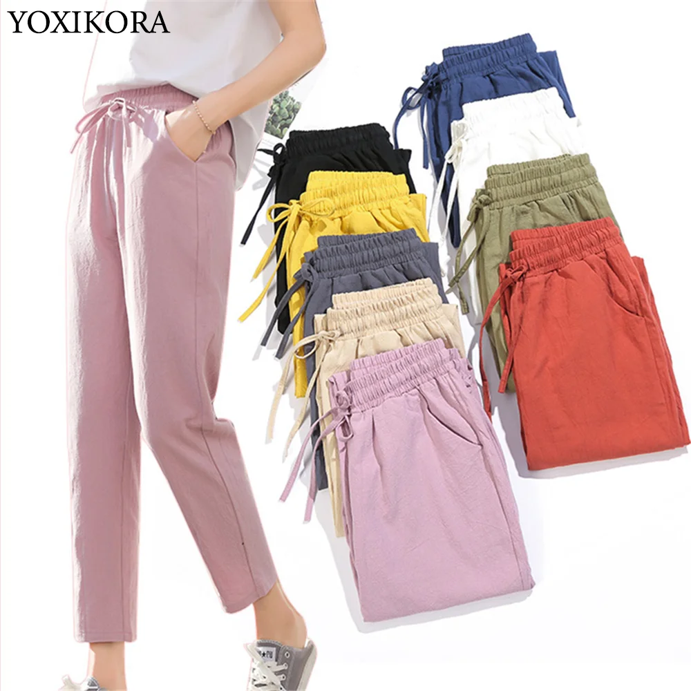 

Womens Spring Summer Pants Cotton Linen Solid Elastic Waist Candy Colors Harem Trousers Soft High Quality For Female Ladys S-XXL