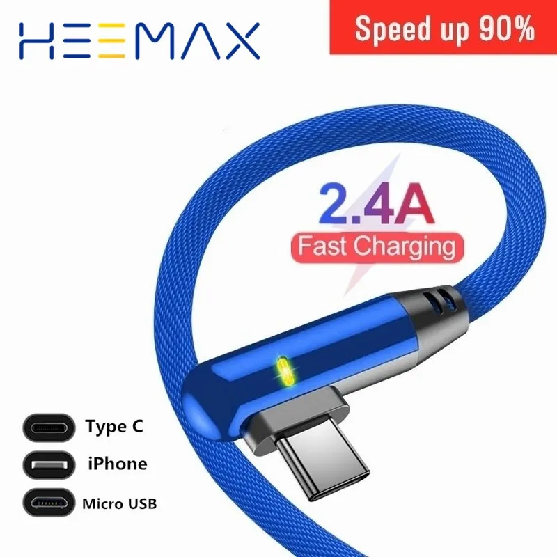 Зарядный кабель HEEMAX Micro USB Type-C светодиодный 90 градусов для Samsung iPhone Xiaomi Android |