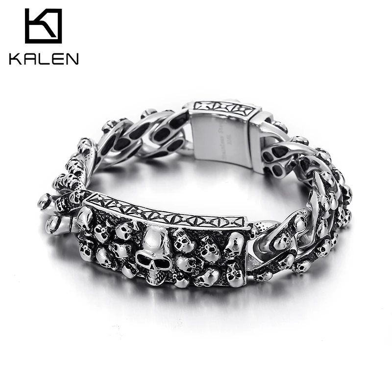 

Kalen Gothic Skull Pattern Men's Bracelets On Hand Vintage Punk Steel Color Jewelry 230mm