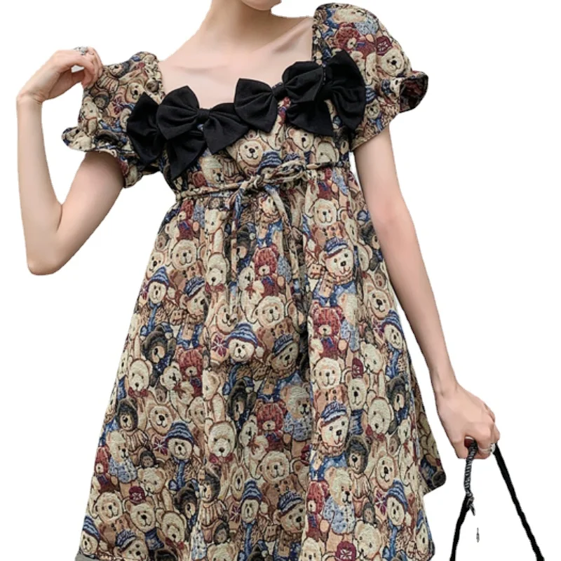 

Fashion Dress Party Vestidos 2021 French Retro Square Neck Bowknot Dress Female Summer High Waist A-line Short Temperament