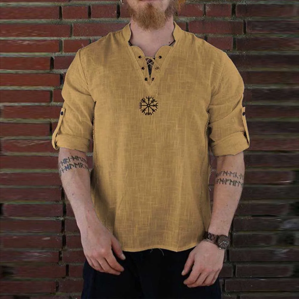 

Medieval Viking Pirate Linen Top Shirt Costume Renaissance Mens Nordic Retro T-shirt Beard Cosplay Tee Lace-Up For Adult Belted