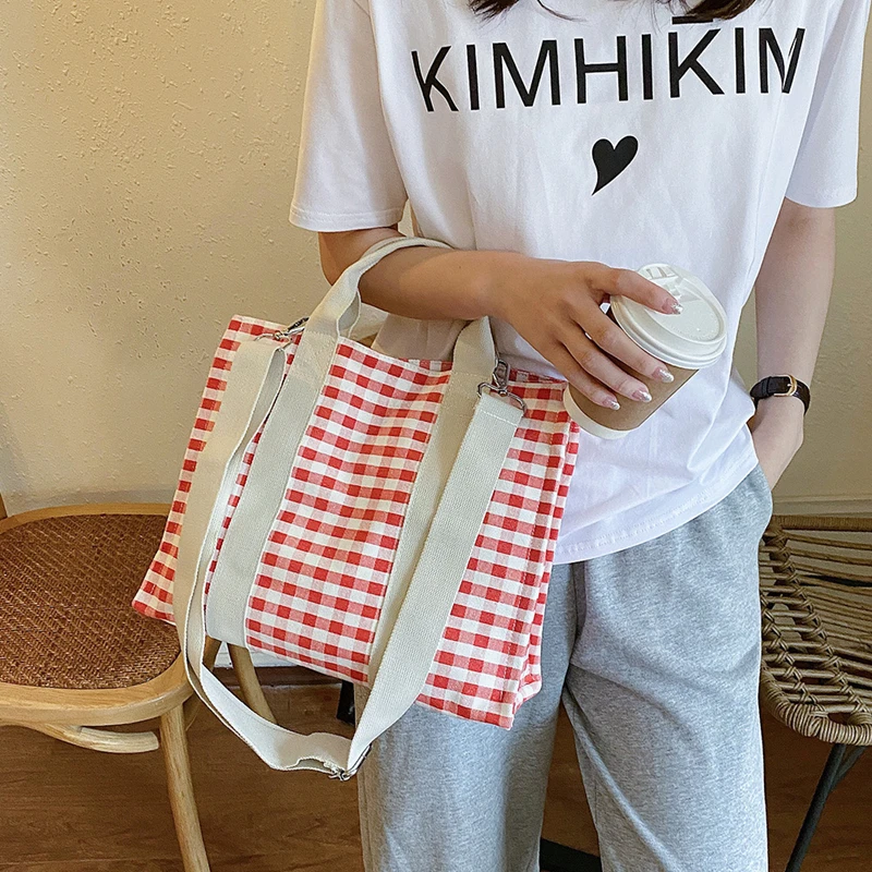 Ladies Fashion Art Casual Plaid Canvas Tote Handbag Large Capacity Shopping Travel One Shoulder Messenger Beach Bag For Women