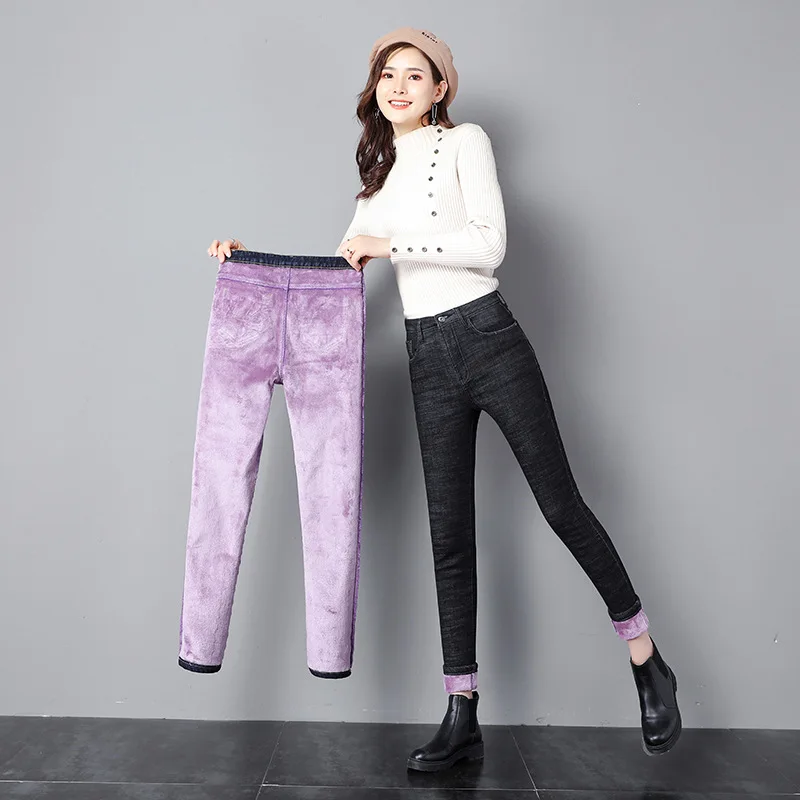 

Winter Plush Thicken Warm High Waist Jeans Women's Over Large Big Size Trousers Extra Thick Plus Velvet Skinny Denim Pants