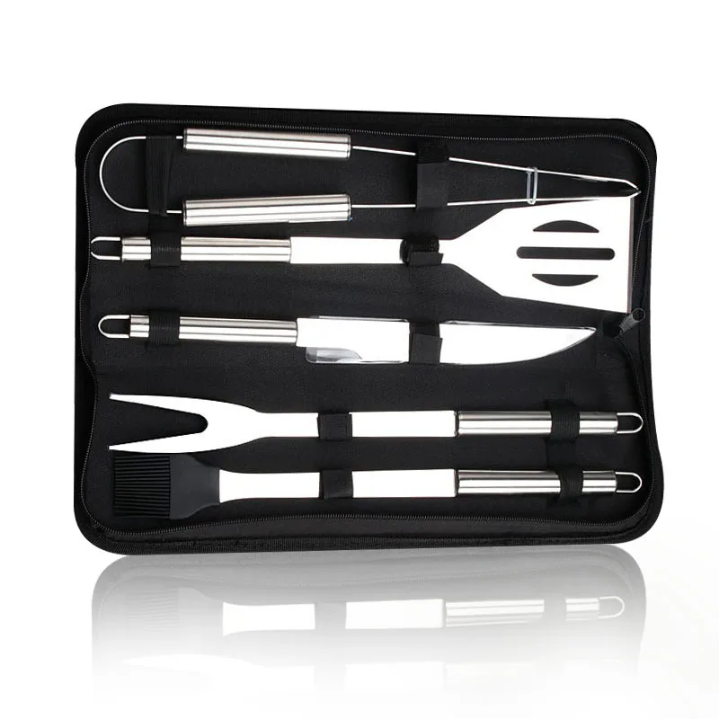 

5PCS Home BBQ Grill Tool Set Stainless Steel Portable Barbecue Picnic Accessories with Cloth Storage Bag Outdoor Tableware Camp