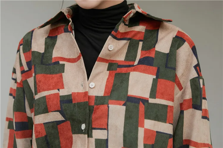 

CHEERART Corduroy Women Tops And Bloues Long Sleeve Color Block Shirt Button Up Aesthetic Shirt Autumn Clothes 2020