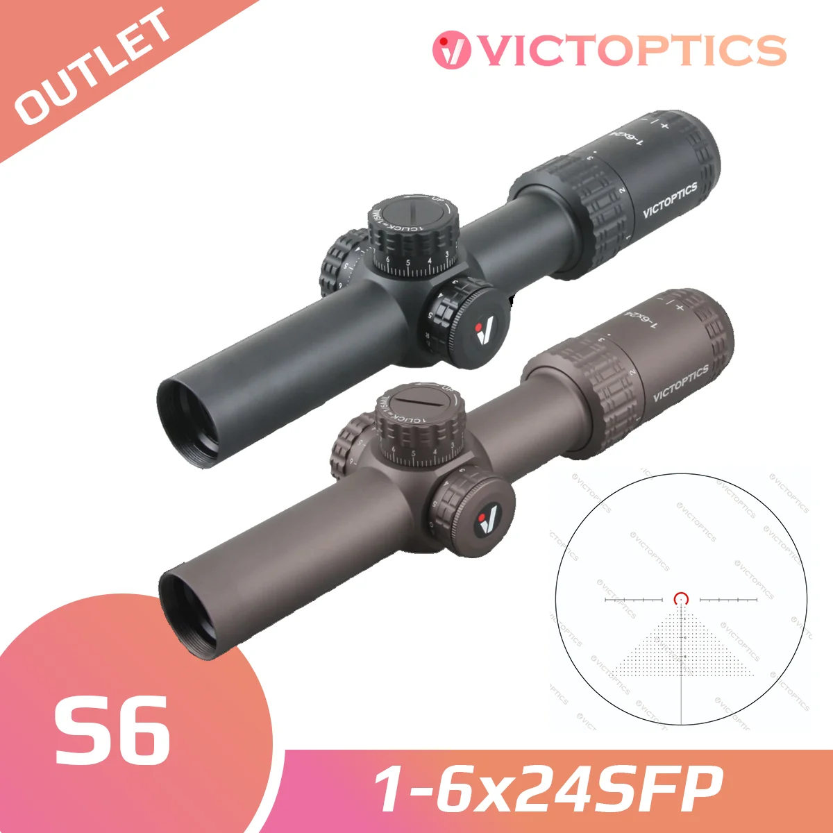 

Прицел винтовочный VictOptics S6 1-6x24SFP, 5 уровней освещения, револьверная блокировка, переустанавливаемая нулевая система для страйкбольной опра...