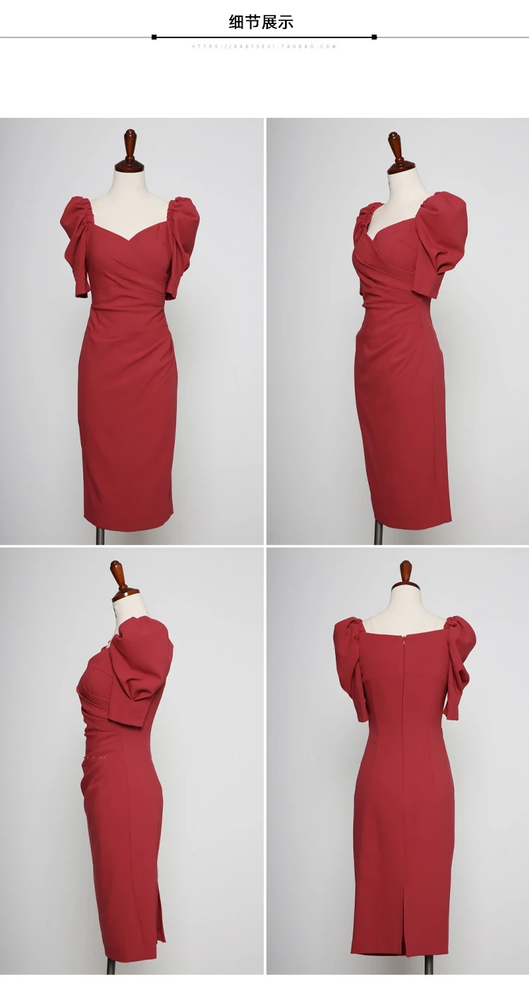 

Spring Casual Cross Solid Color V-Neck Puff Short Sleeve High Waist Slim Red Woman Dress Sexy Midi Vestido Feminino