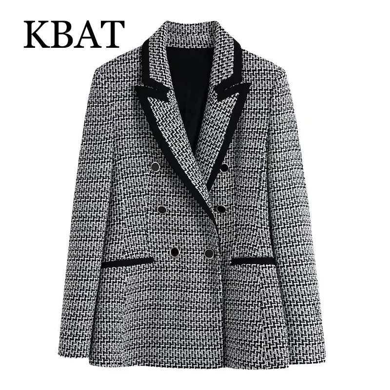 

KBAT 22021 Autumn Women Office Lady Tweed Blazer Coat Vintage Double Breasted Long Sleeve Female Outerwear Chic Tops