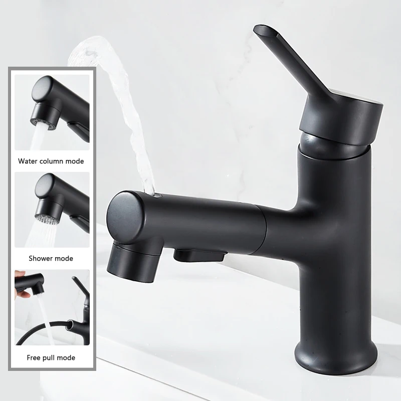 

Pull Out Bathroom Basin Faucet Single Handle Rinser Sprayer 2 Spray Mode Gargle Brushing Deck Mount Tap Black Hot Cold Water Mix