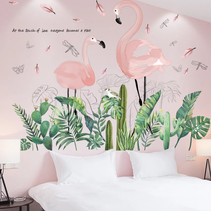 

[shijuekongjian] Green Plant Leaves Wall Stickers DIY Pink Flamingo Animal Wall Decals for Kids Room Nursery Home Decoration