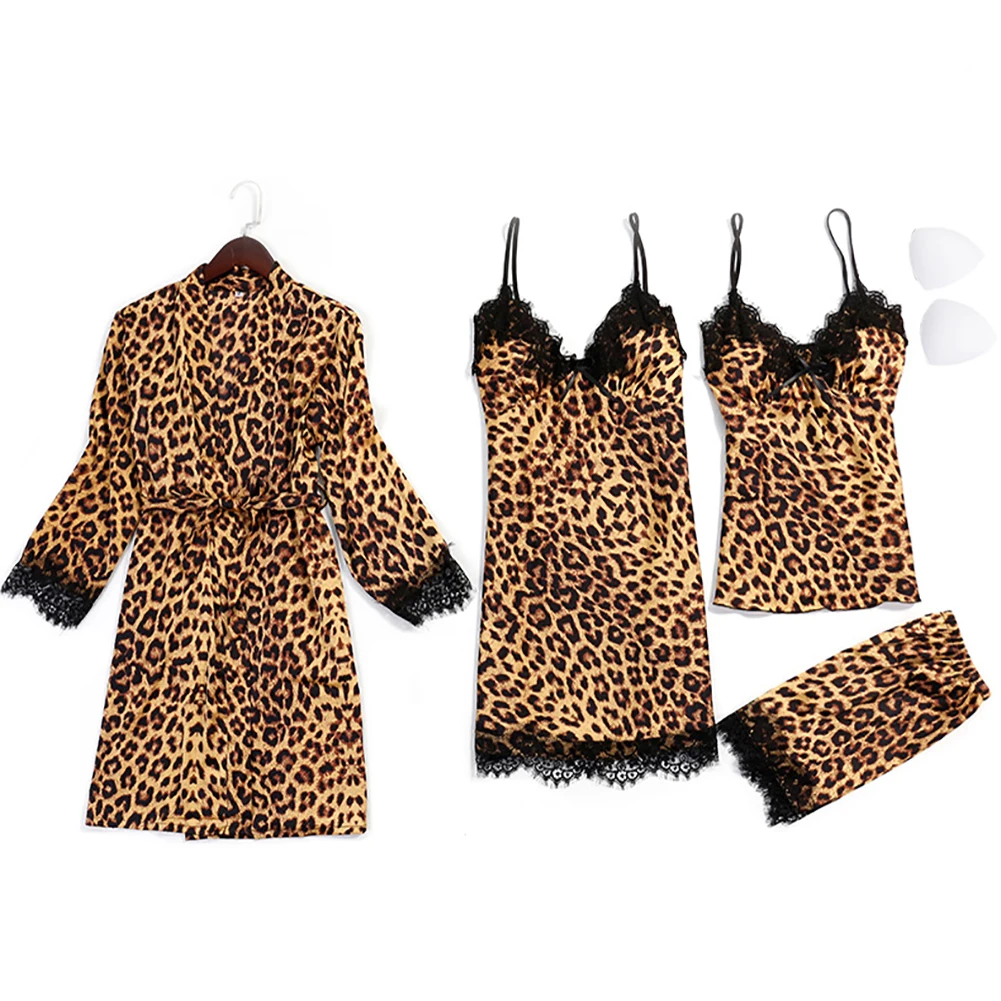 

4pcs Daily Sexy Lace Summer With Pants Women Sleepwear Set Leopard Printing Night V Neck Sleeping Thin Smooth Soft Valentine Day