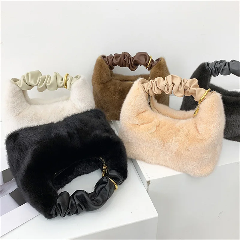 2021 New Soft Mink Bag Niche Design Sheepskin Fold Handle Macaron Lunch Bag Handbag Mink Fur Fur Bag Handbag