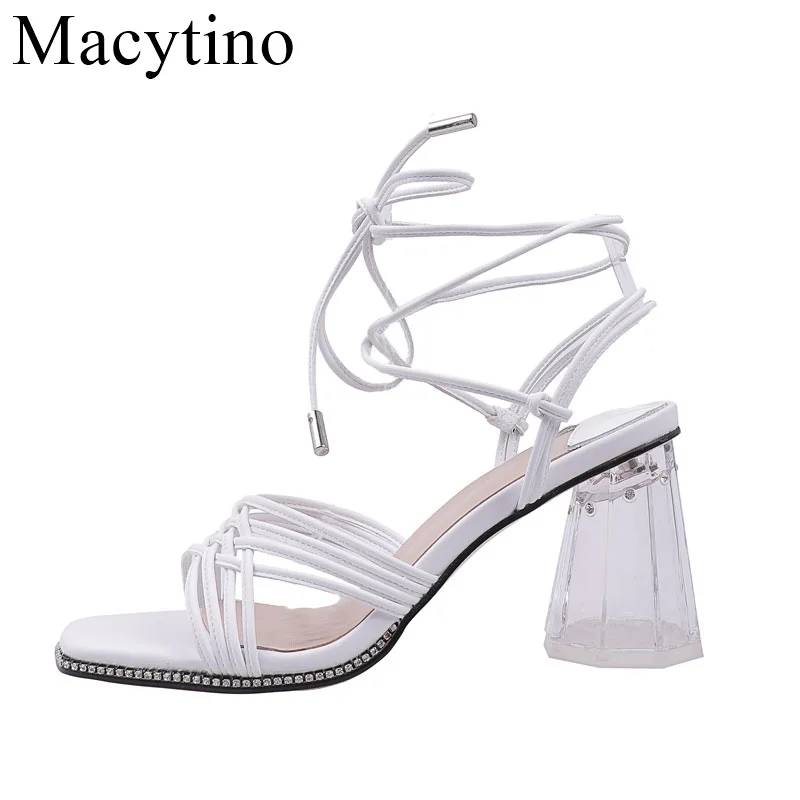 

Босоножки женские с ремешком на щиколотке, пикантные сандалии на высоком массивном каблуке, на шнуровке, цвет белый/черный, лето, 2020