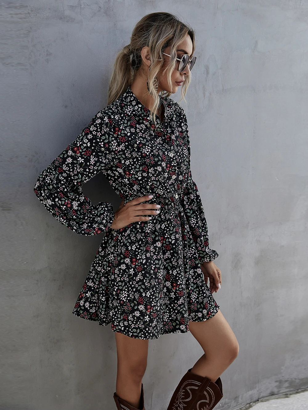 

Women's Dress Black Print Long-Sleeved Dress 2021Spring New Lantern Sleeve Ruffles High Waist Floral Dress 2021 Summer Dress