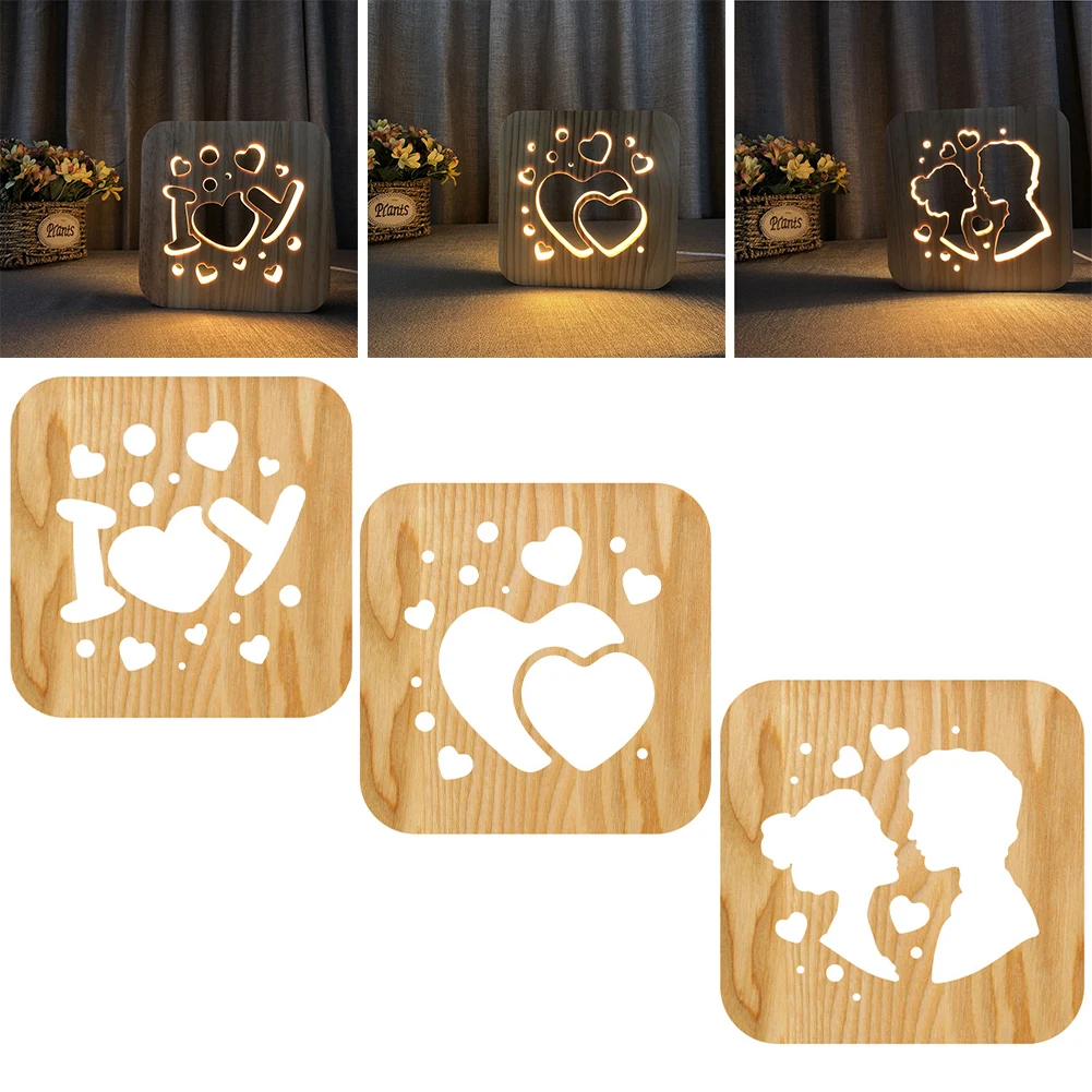 

3D LED Lamp Night Light USB Desk Table Lamps Love Heart Wood Bedside Lamp Crafts for Gift Home Decoration