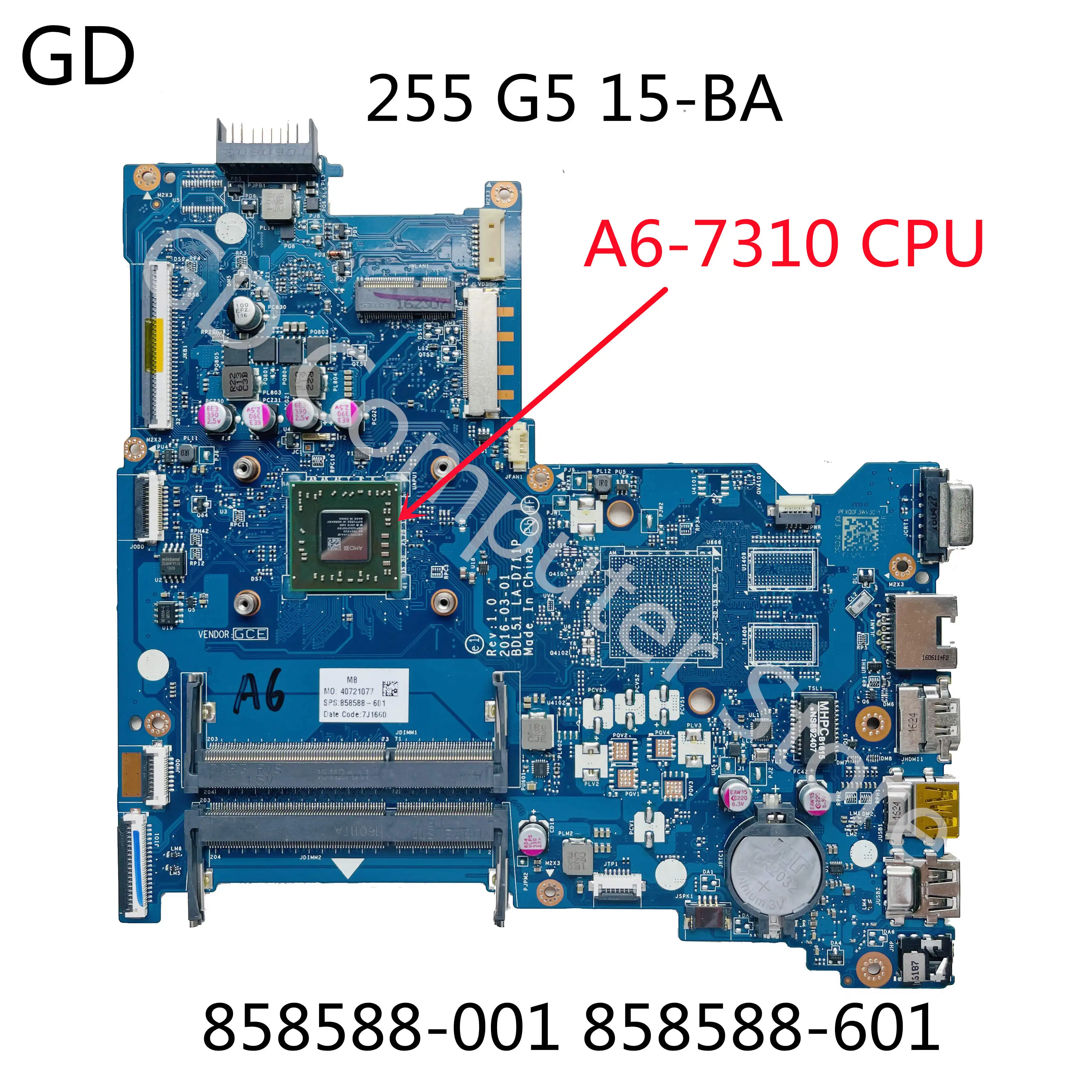 GD оригинал для ноутбука HP 255 G5 15-BA материнская плата 858588-001 858588-601 LA-D711P с