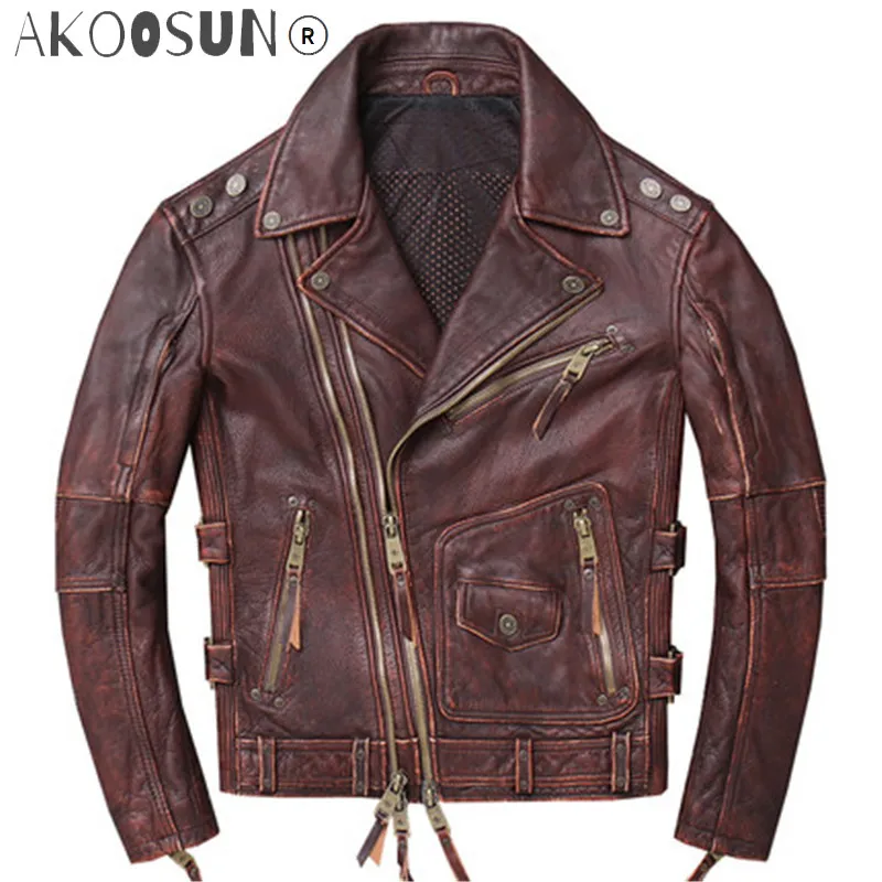 

Мужская приталенная куртка из натуральной воловьей кожи, мотоциклетная куртка в винтажном стиле, 2021