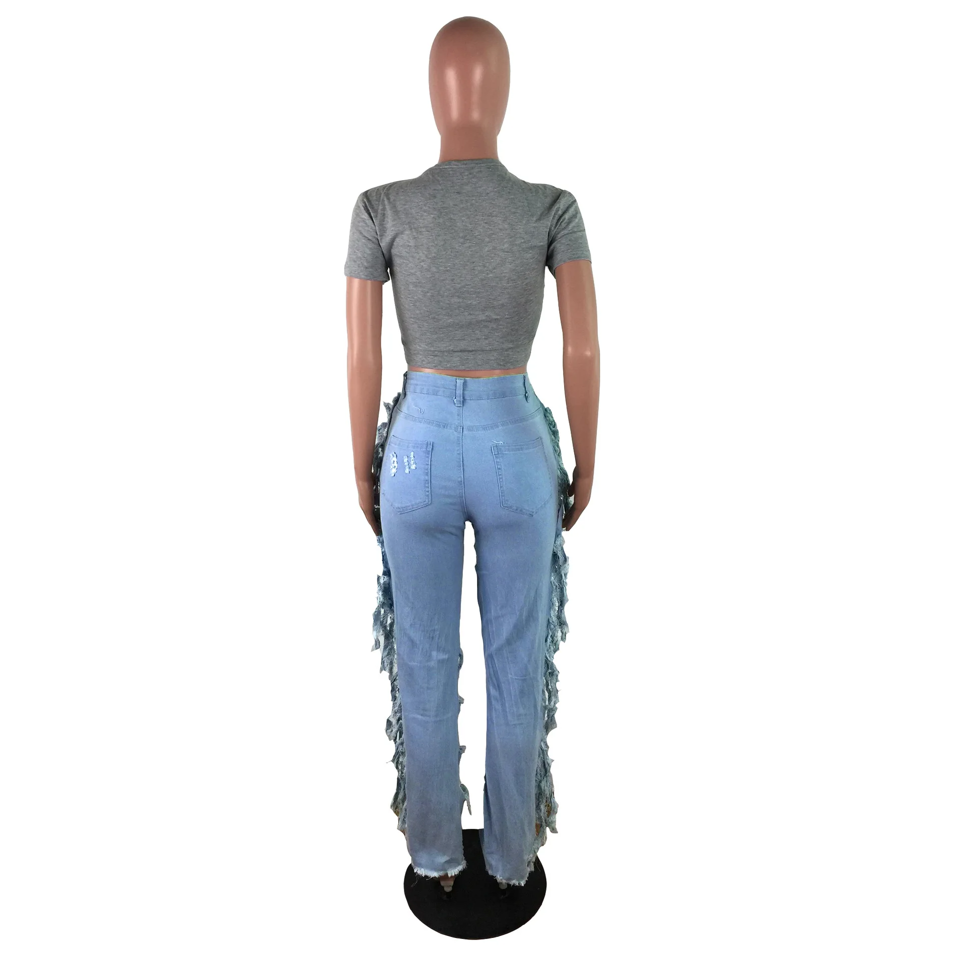 

Cutubly Hollow Out Denim Pants Sequns Splicing Ripped Jeans for Women Hole Women Retro Tassel Side Jeans Straight Trousers