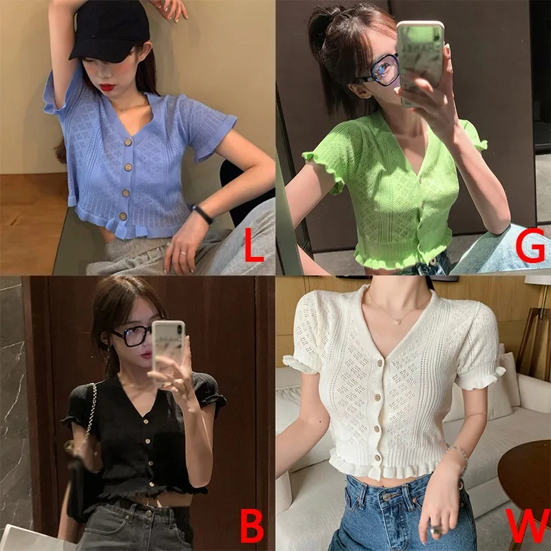 

Hollow Out Knit Cardigan Women 2021 V Neck Summer Spring Elegant Ladies Jumpers Korean Short Sleeves Buttons Tops