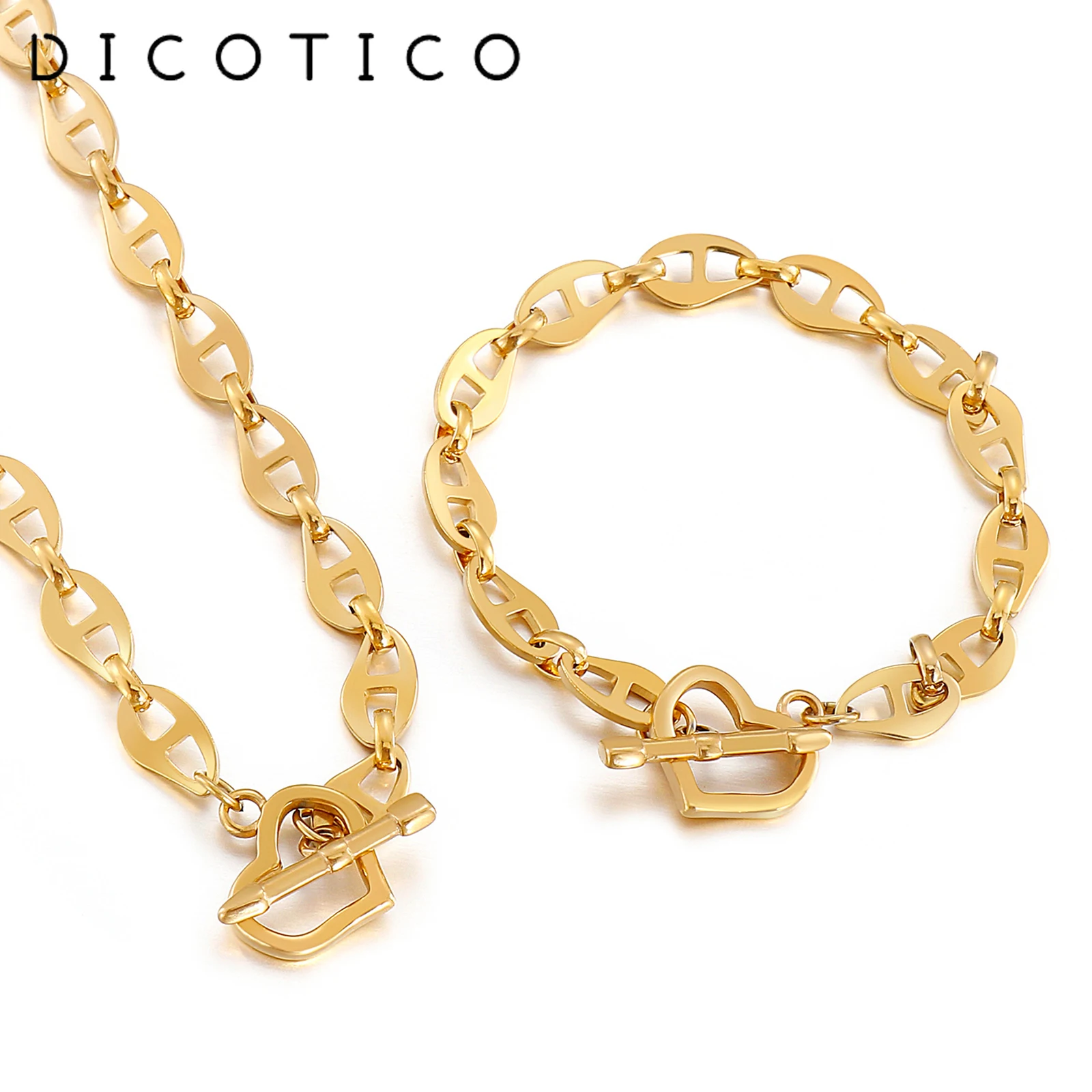 

DICOTICO Fashion Heart Stainless Steel Charm Jewelry Sets For Women Square Chain Necklace Bracelet Sets Women Wedding Gifts